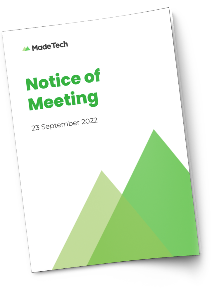 Notice of meeting cover on white background and large Made Tech mountains